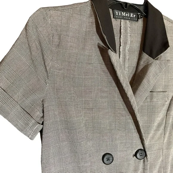 Vintage Yi Mei Er Short Sleeve Jumpsuit Office Black Gray Plaid Size Small - Picture 4 of 8